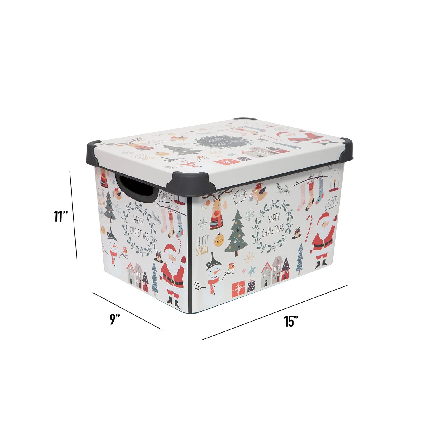 Simplify “Happy Christmas” Design Storage Bin | Christmas Tote | Holiday Décor Decorations Organizer | Lidded | Stackable | White