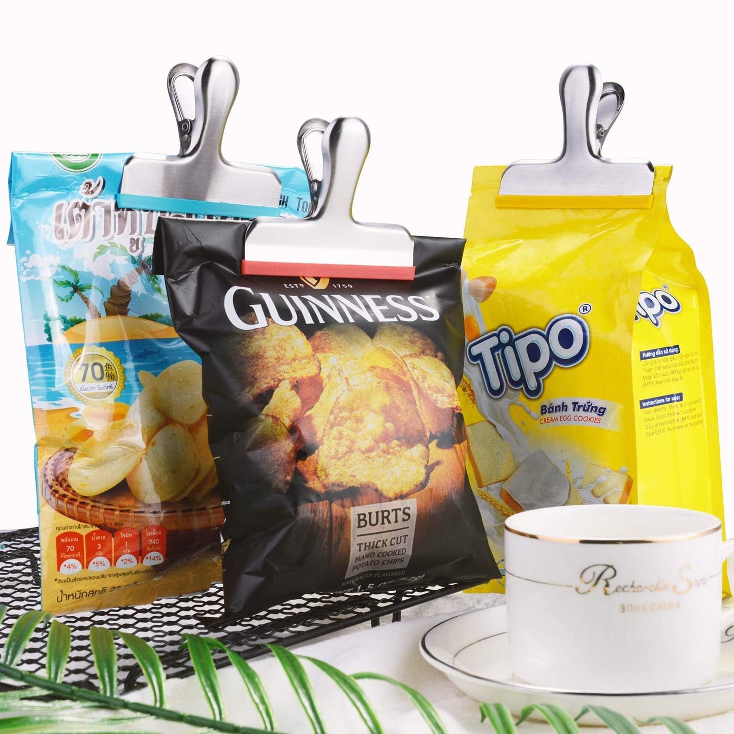 HOUSE AGAIN 12 Pack Stainless Steel Chip Bag Clips Covered with Silicone - NO More Sharp Edges - Color Coded for Food Bags - Air Tight Seal, Heavy Duty for Kitchen and Office, 3 Inches