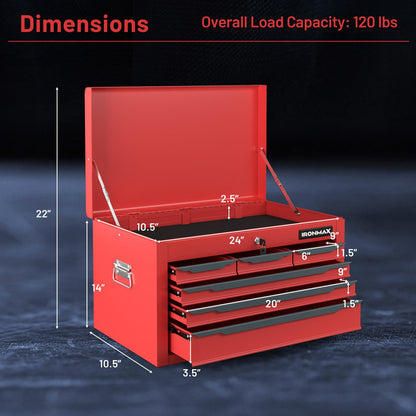 Goplus Tool Box, 24” Steel Tool Chest w/6 Drawers, Top Tool Tray,Automatic Lock, Protective Liners, Handle, Smooth Ball Bearing Sides, Portable Tool Storage Organizer, Toolbox for Garage Workshop