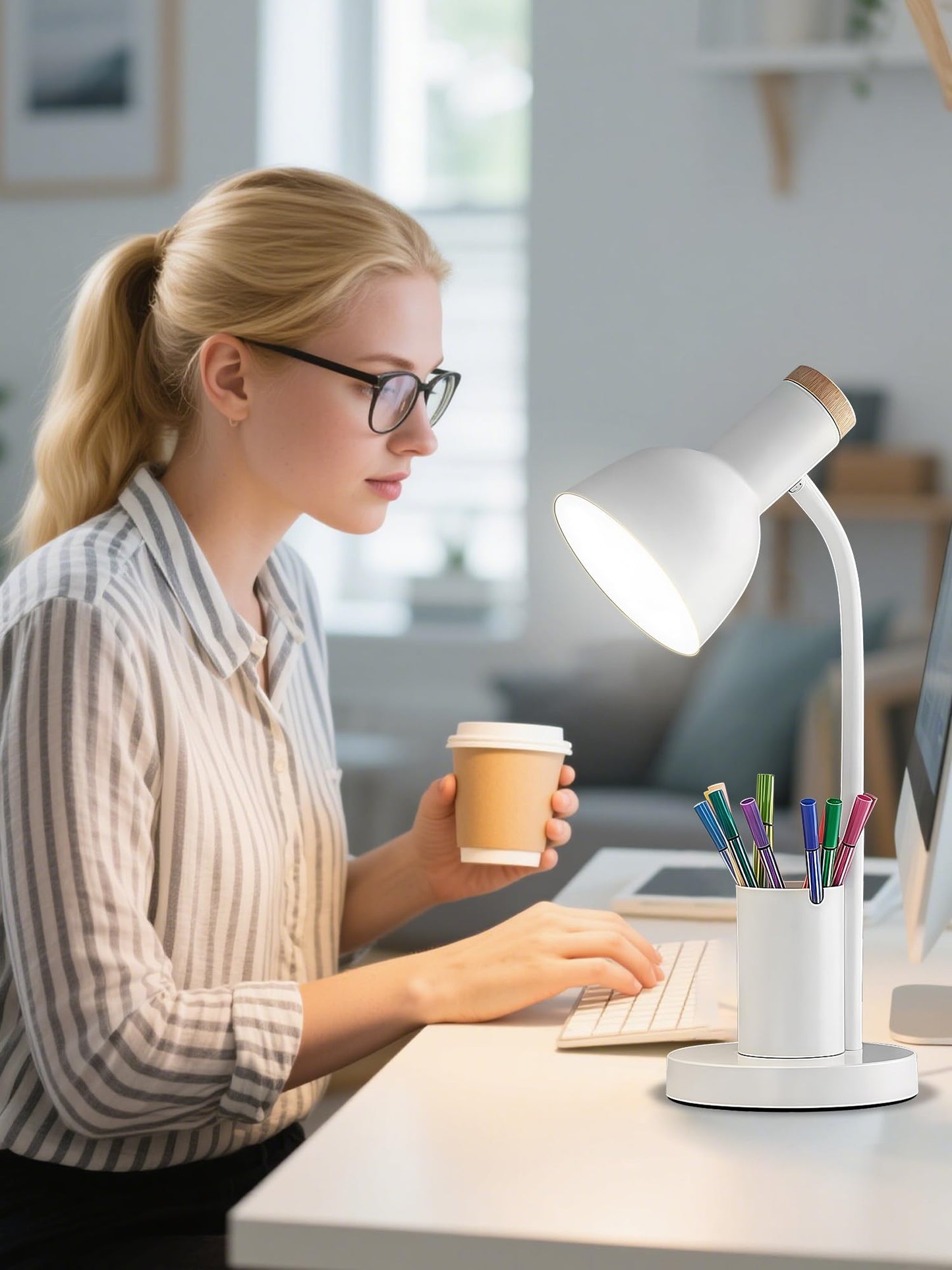 Desk Lamp, LED Desk Lamps for Home Office, 3 Color Modes Eye-Caring Reading Light, Flexible Gooseneck Desk Light with Pen Holder, Table Lamp for Bedroom Bedside College Dorm Study Room (White lamp)