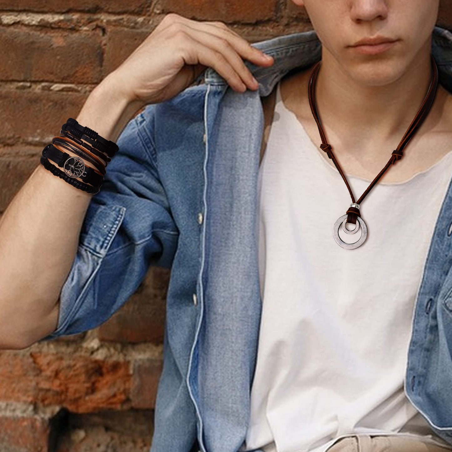 Sanfenly Leather Necklace Bracelet for Men Tribal Wolf Tooth Wood Bead Cross Pendant Necklaces Braided Wristband Vintage Brown Jewelry Set Adjustable