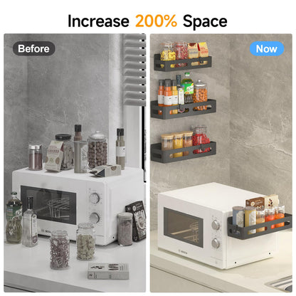 4 Pack Magnetic Spice Rack for Refrigerator, Spice Rack Organizer, Moveable Magnetic Shelf Fridge Organizer with 4 Hooks for Kitchen and Oven Organization, Black