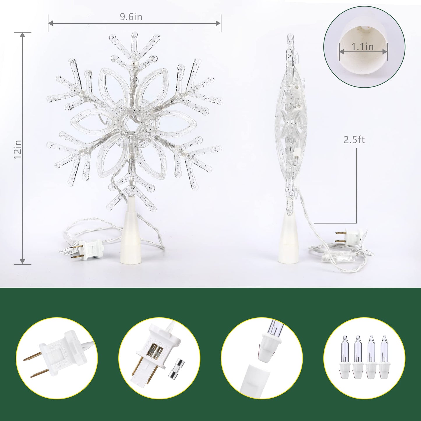 Brizled Snowflake Christmas Tree Topper, 9.5" Christmas Tree Star with 10 Warm White Lights, 120V UL Certified Xmas Star Treetop Clear Xmas Ornaments for Holiday Party Home Decor