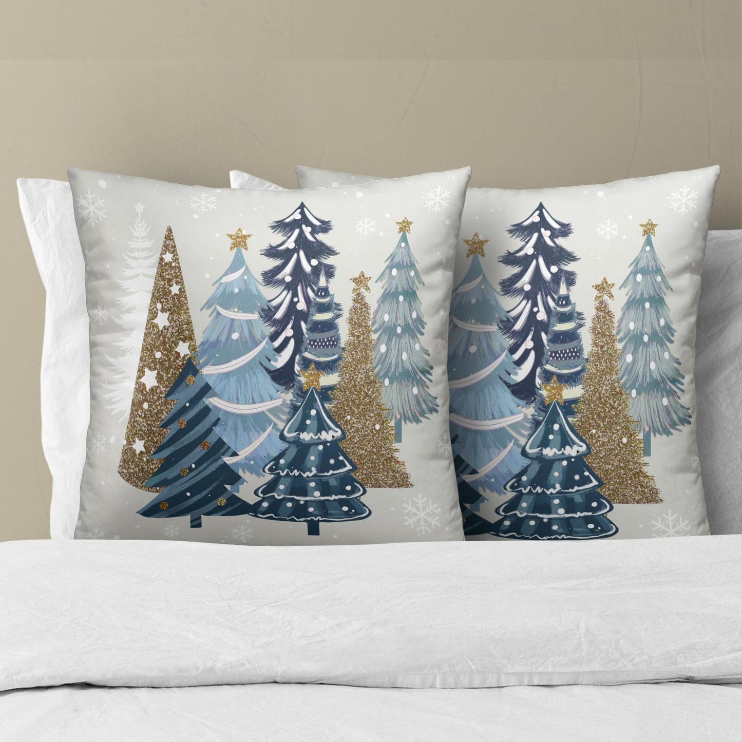 Christmas Trees Throw Pillow Covers 16x16, 2 Pcs Blue Xmas Trees Winter Pine Forest Farmhouse Decorative Pillow Cases Cushion Cover for Bed Sofa Couch Porch Outdoor Home Decor