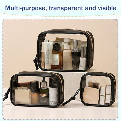 lllyan 3-Piece Travel Makeup Bag Clear Waterproof Toiletry Bag Set Large, Medium Small Sizes Travel Toiletry Organizer Pouch Cosmetic Storage for Bathroom (Black)