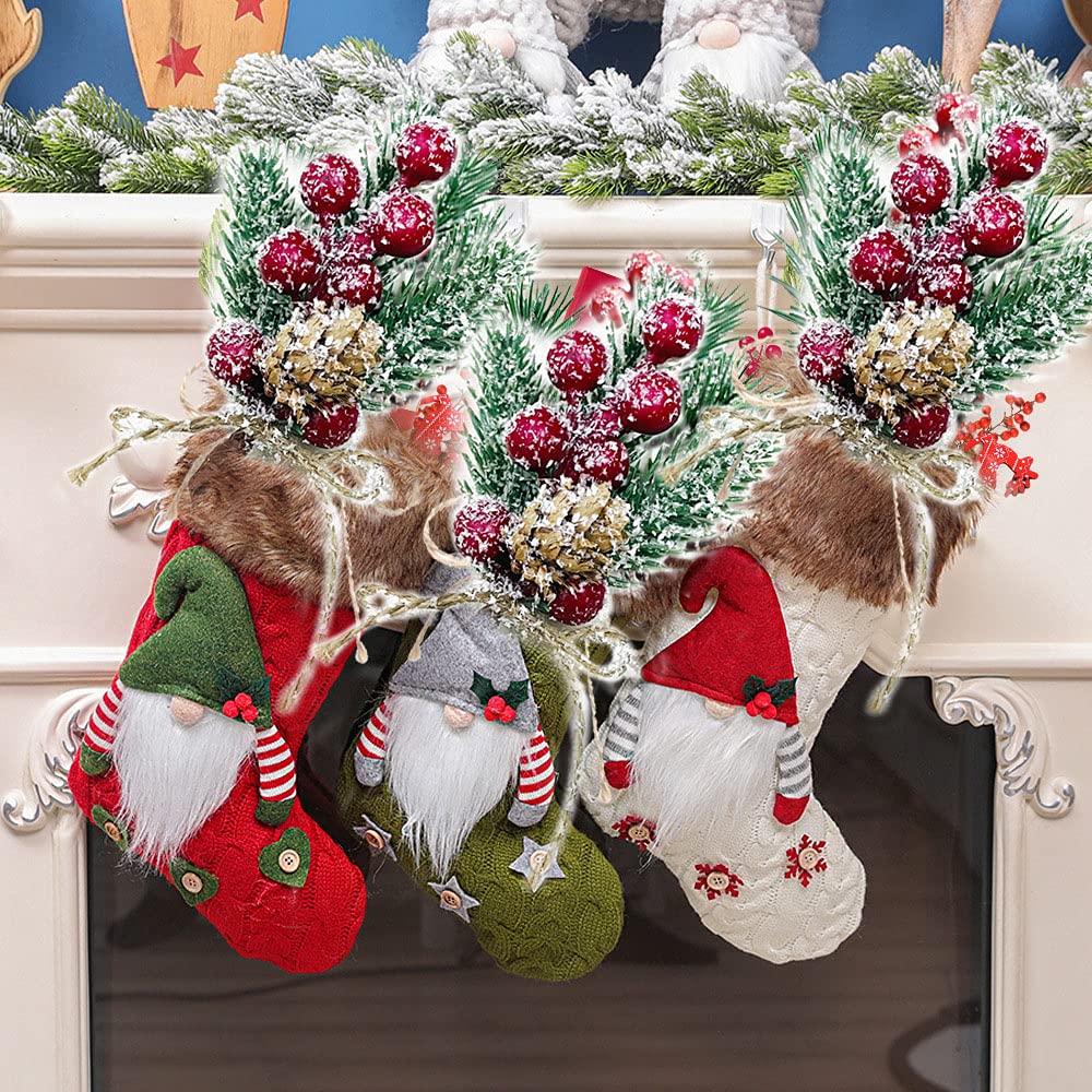 Christmas Berries Red Stems Evergreen Pine Branches 8pcs Christmas Picks Spray Artificial Pine Cones Holly Stem Craft Winter Holiday Floral Picks for Decoration DIY Xmas Garland Wreath Ornaments