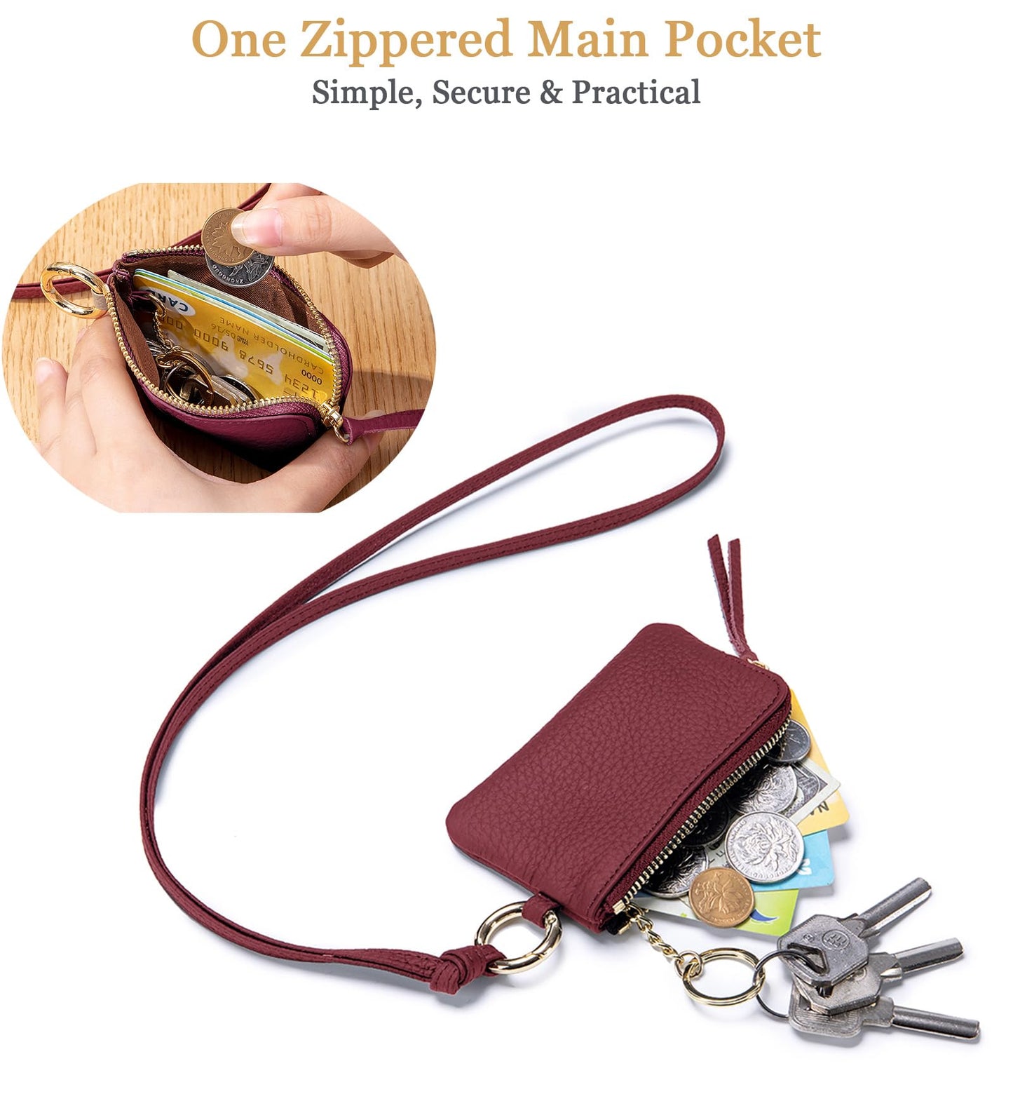 LnxLtw Mini Coin Wallet for Women – Genuine Leather Zipper Coin Purse with Wrist Strap & Keychain, Compact Change Holder & Travel Wallet with Gift Box (Wine Red)