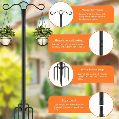 SINLEY Double Shepherds Hook for Outdoor with 5 Prong Base 90 Inch Heavy Duty Two Sided Bird Feeder Pole for Hanging Lantern,Hummingbird Feeder,Lightweight Plant,Shepherds Hook for Bird Feeders