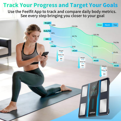 LOFTILLA Smart Scale for Body Weight, Accurate Scale with BMI Body Fat Muscle Mass, 8-in-1 Large Display, Digital Bathroom Scales for 14 Body Composition Metrics, Sync with Fitness App, Black