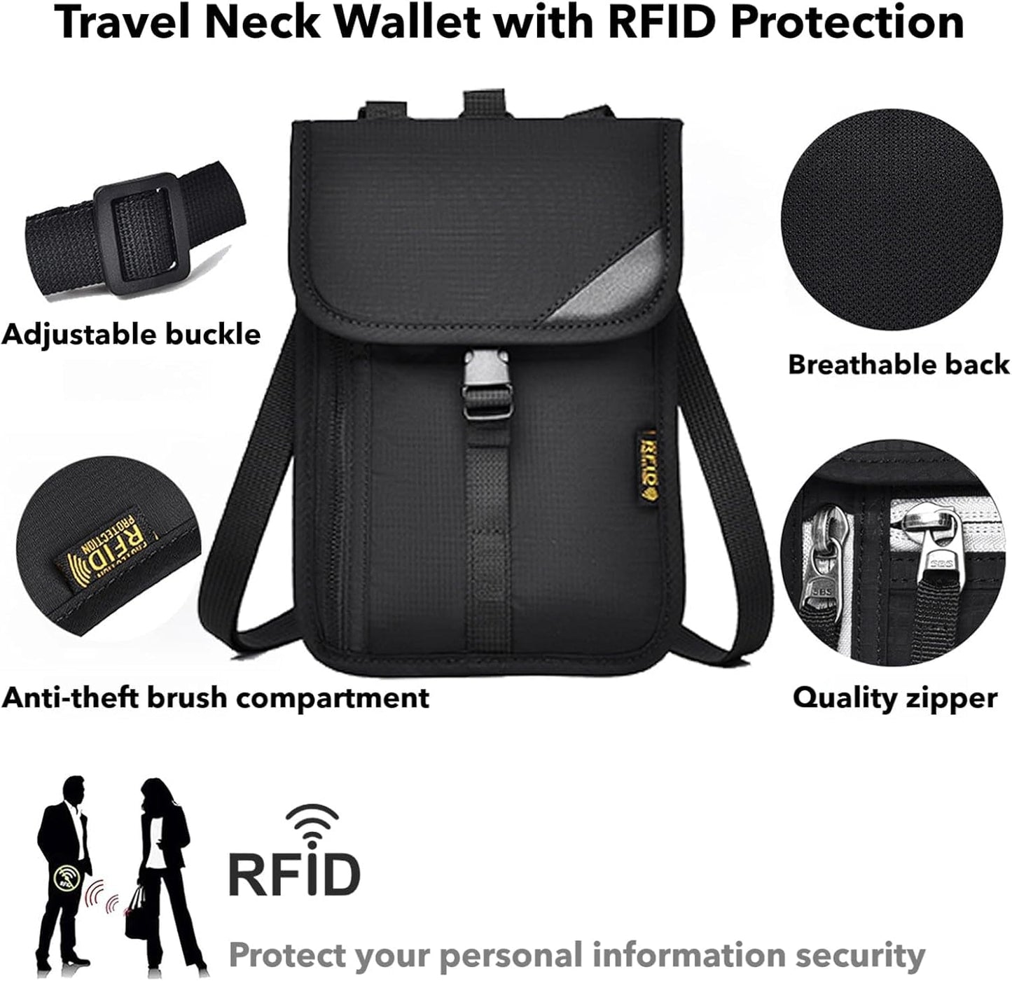 Passport Holder for Travel Pouch Neck Wallet for Traveling Women Men with RFID Blocking Waterproof and Slim Neck Pouch Adjustable Neck Strap (Z-Black)