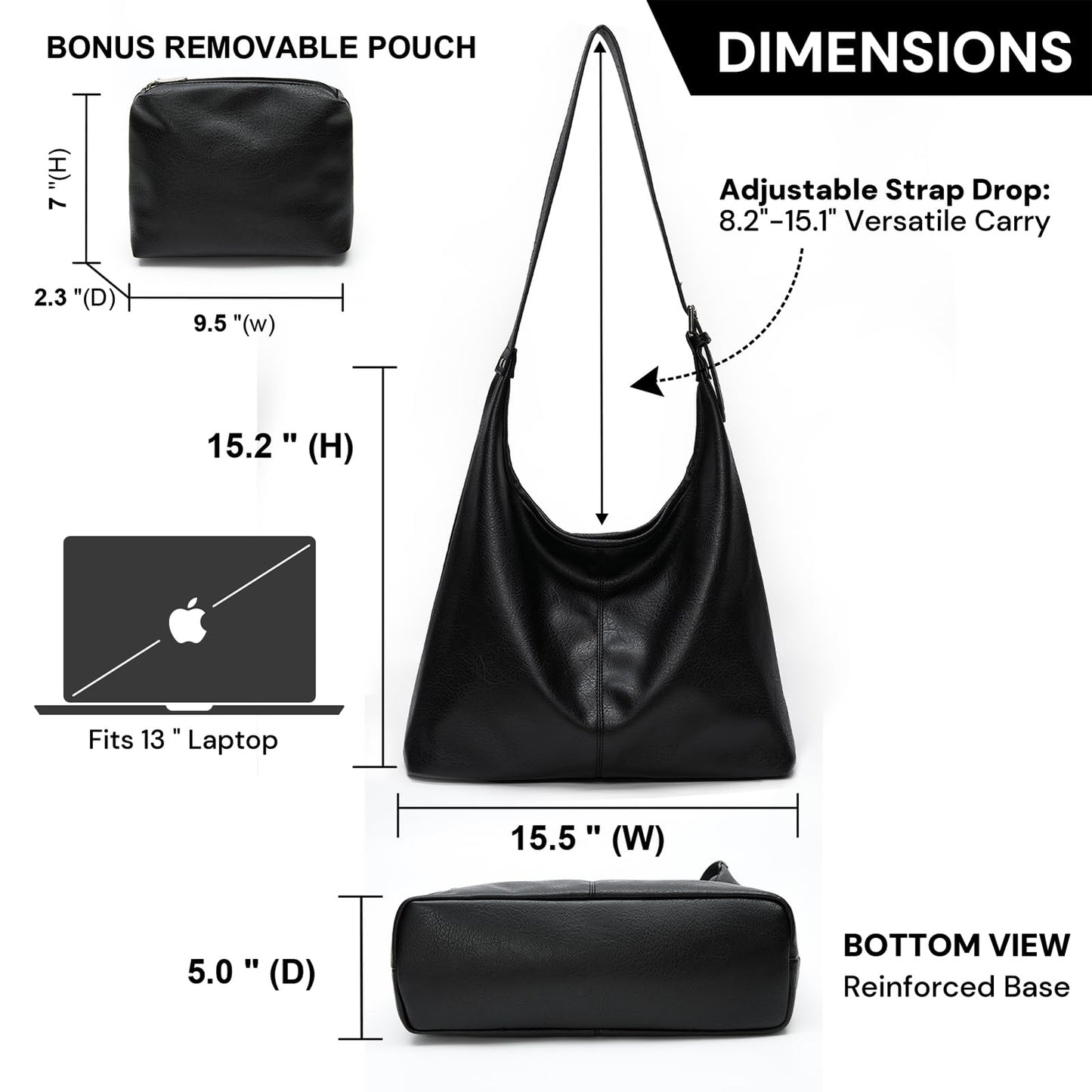 Hobo Bag for Women, Soft Vegan Leather Slouchy Shoulder Tote Purse with Matching Pouch, Adjustable Strap & Magnetic Closure Black