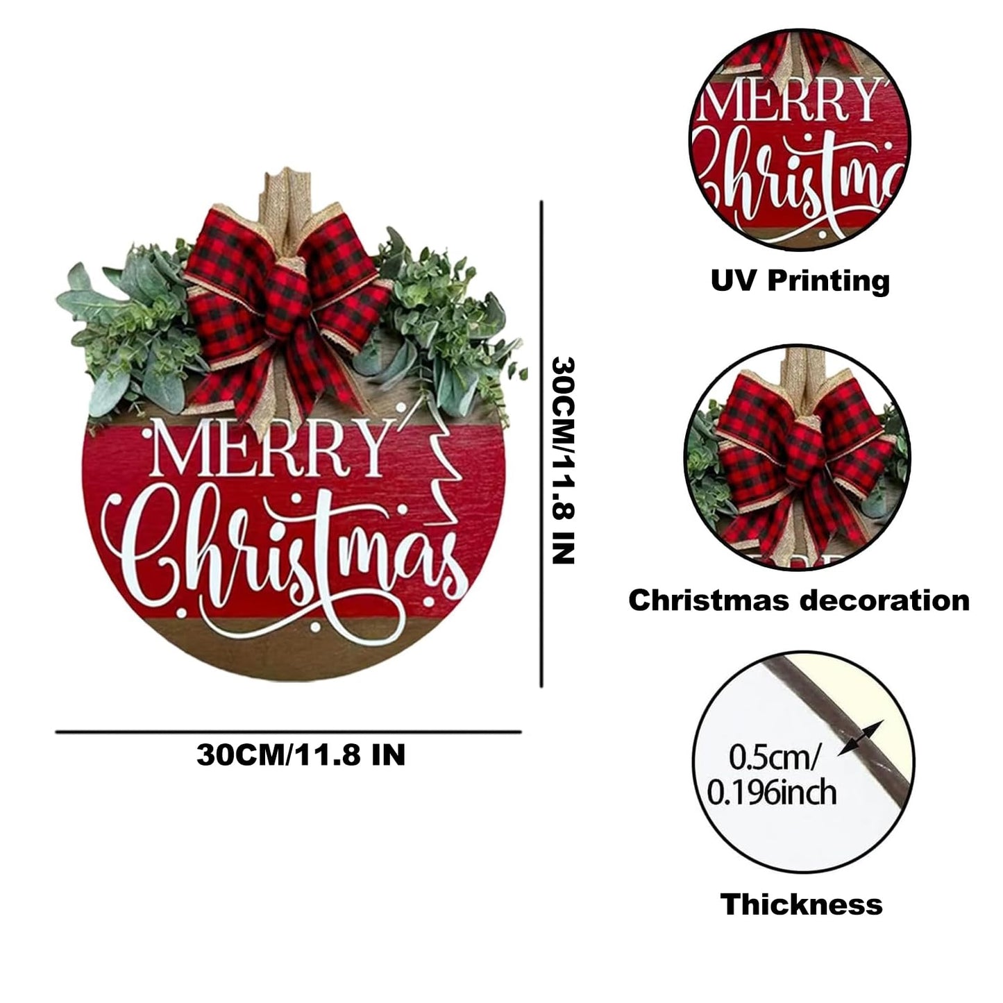Merry Christmas Door Hanger Sign for Front, Chrismas Welcome Wooden Wreaths Sign with Bow for Winter Farmhouse Garden Porch Decorations (Christmas Door Sign)