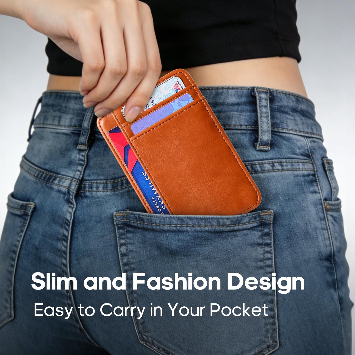 SNTAIHIDE Slim Minimalist Leather Card Holder Wallet with RFID Blocking, Brown, Front Pocket Wallet for Men and Women