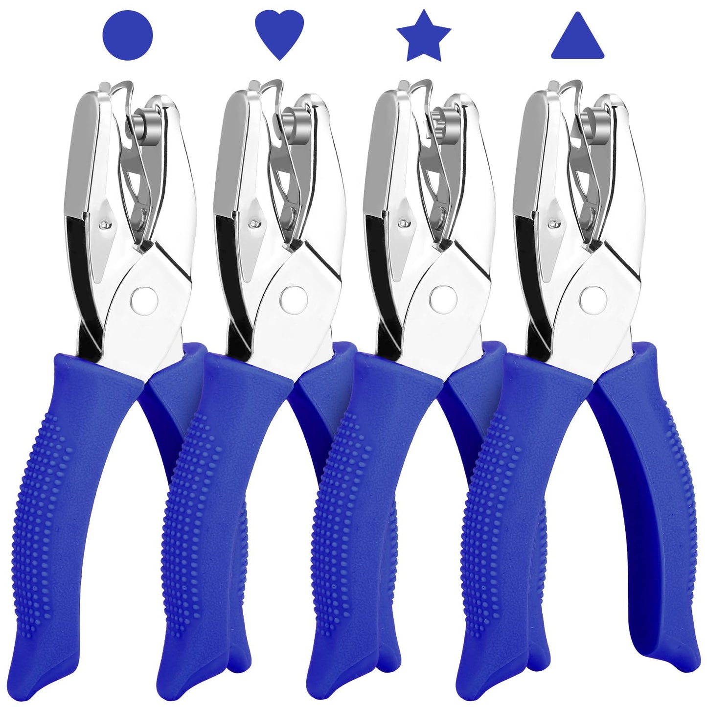 4 Packs Shape Hole Punch Set - 1/4" Circle, Heart, Star, Triangle Puncher with Soft Grip for Binder, Scrapbooking, Cards | Paper Craft Tools with Storage Slot & Reinforcement Stickers (Blue)
