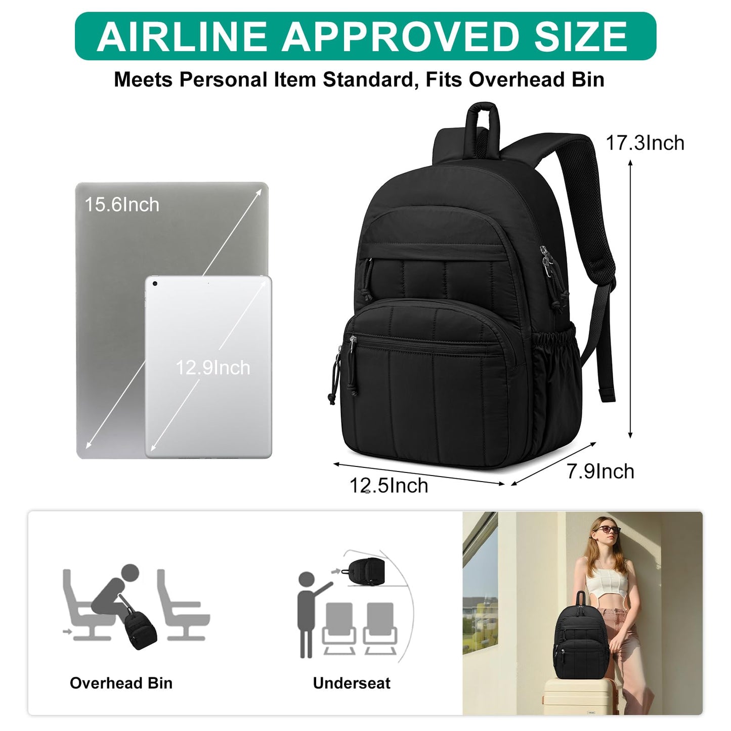 LIVUWERK Travel Laptop Backpack for Women Bookbag: Quilted 15.6 Inch College Back Pack Lightweight Casual Bag Water Resistant Daypack for Students Girls Business Computer Back Pack for Work Black