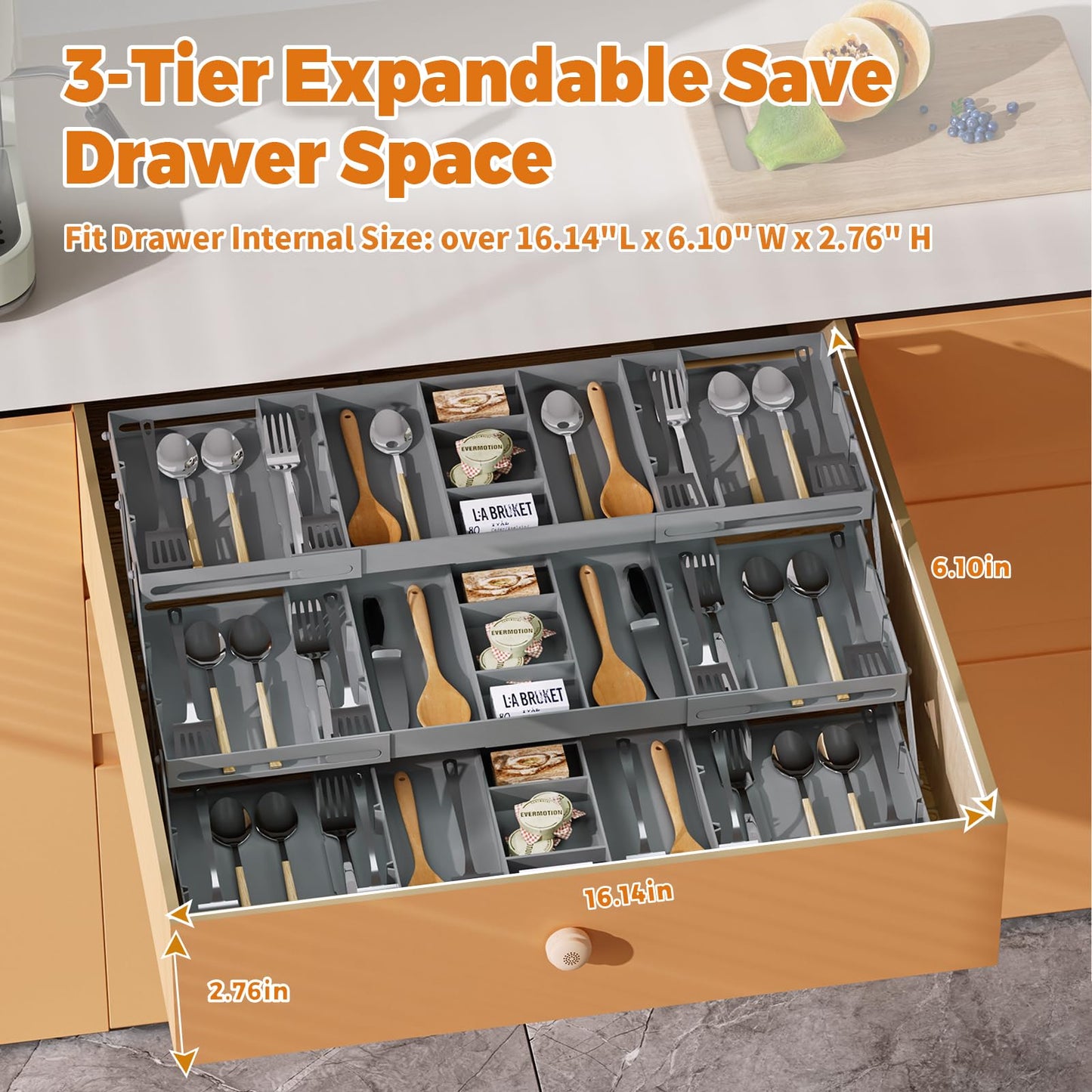 3 Tier Drawer Organizer - Expandable Junk Drawer Organizers Smart Office Supply Organizer, Folding Drawer Storage Multi-level Desk Organizer for Makeup,Jewelry,Cosmetics,Kitchen Storage (1 Row 3 Tier)