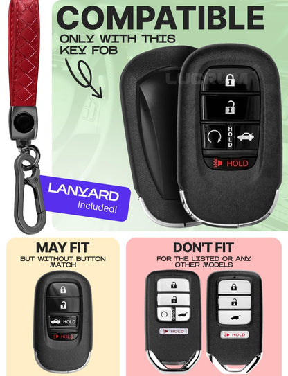 Lucrum Compatible with Honda Key Fob Cover & Leather Keychain - TPU Keyfob Case for Accord Civic CR-V HR-V Pilot Ridgeline, For 5 Button Remote (2022-2026) - Red and Black