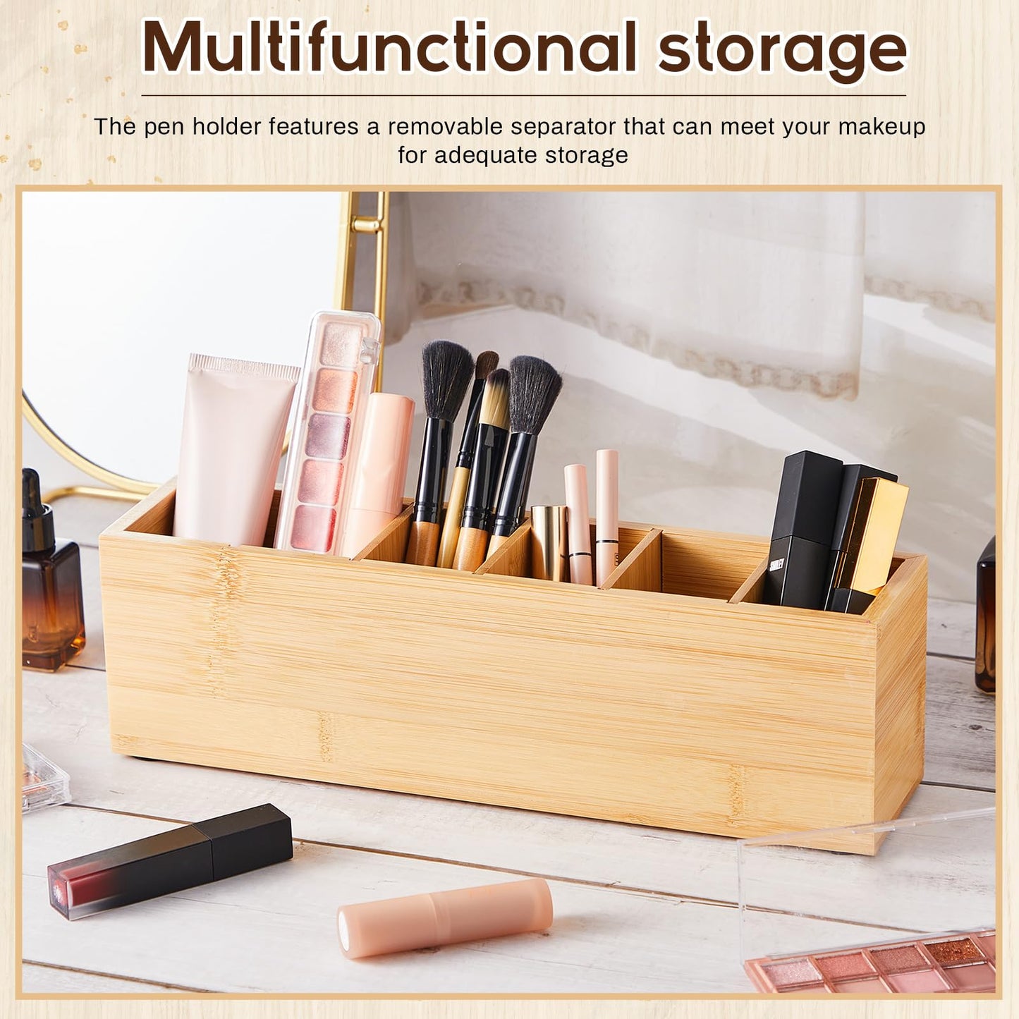 Jetec Wooden Pencil Pen Holder for Desk 6 Compartments Wood Office Desk Organizers for Countertop Adjustable Makeup Brush Organizer Silverware Caddy for Party, Home, Art Supplies(Bamboo)