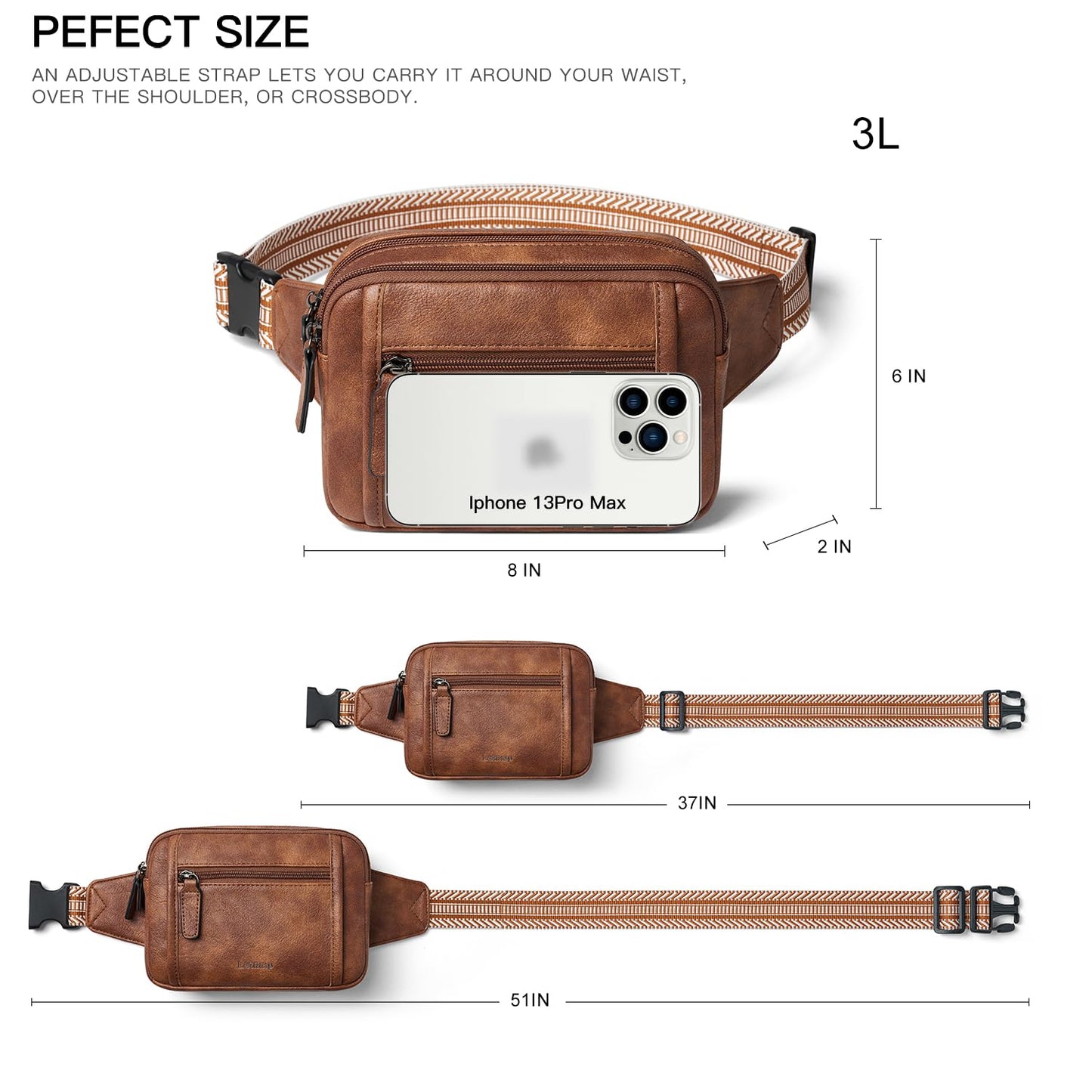 LATMAP 3L TRIPLE ZIP Fanny Packs Belt Bag For Women Men Crossbody Waist Pack Sling Chest Bum Travel Bag Purse Faux Leather Fashion Cute Brown