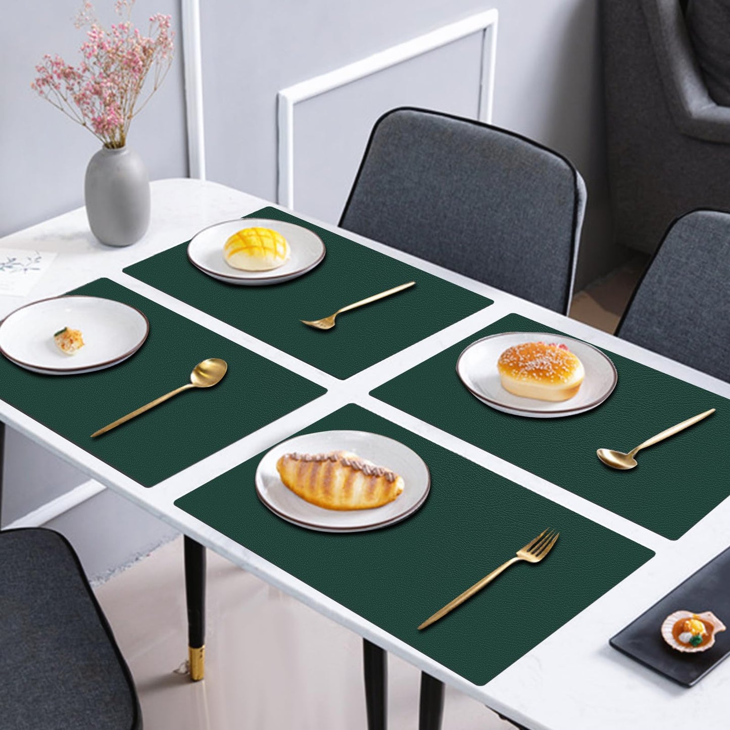 Keaixinyu Placemats and Coasters Set of 6, Waterproof、Oil-Proof Wipeable、Anti Slip PVC Leather Place Mats, Heat Resistant Reversible Table Mats for Kitchen, Dining, Outdoor 17’’×12’’, (Dark Green)