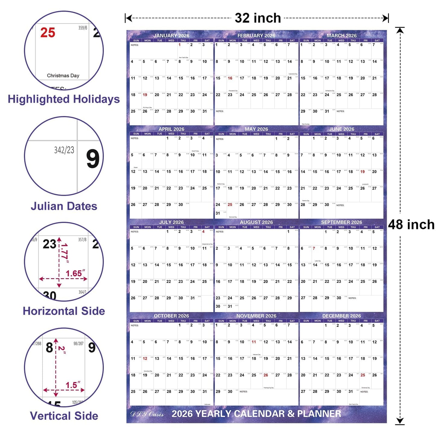 32" x 48" 2026 Wall Calendar Dry Erase - Folded Large Starry Sky Wall Calendar 2026, Wet & Dry Erasable, Laminated 12-Month Annual Yearly Planner, Reversible, Horizontal/Vertical, Purple