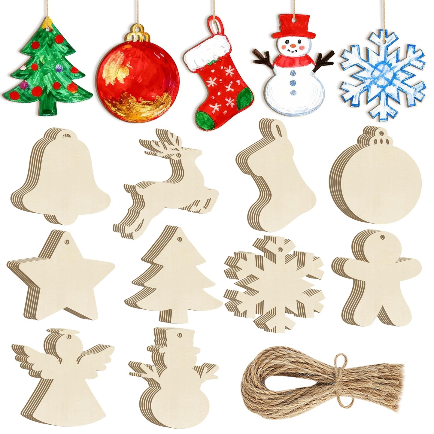 80PCS Wooden Christmas Ornaments to Paint, 8 Styles DIY Blank Unfinished Wood Reindeer Santa Claus Christmas Tree Ball Snowman Snowflake Angel Cutouts Ornament for Crafts Winter Hanging Decorations
