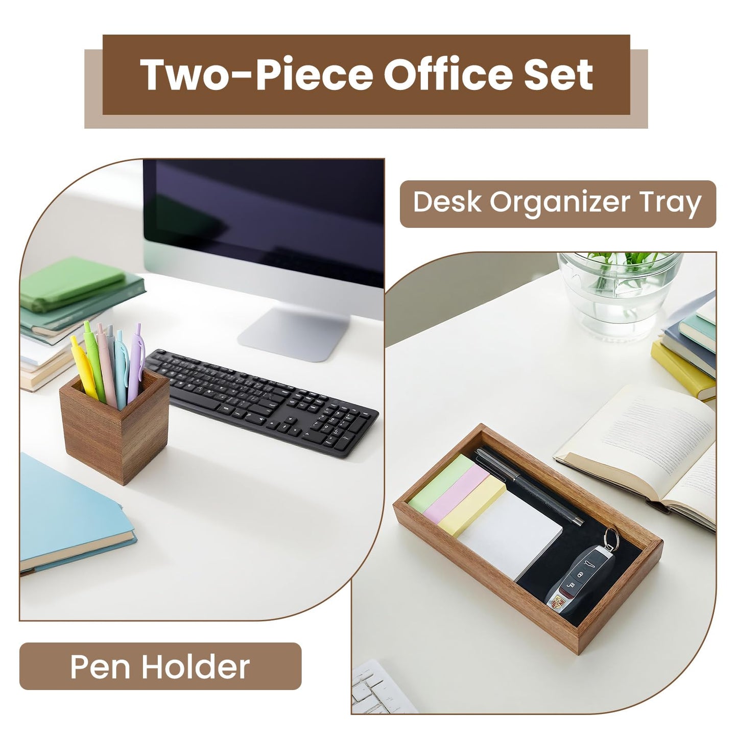 XHWUDI Wooden Pencil Holder with Desk Drawer Organizer Tray, Silicone Anti-Slip Pen Holder Set Aesthetic Desk Accessories for Office Home Supplies