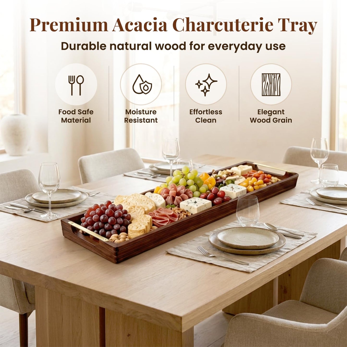 36" Acacia Wooden Charcuterie Board with Handles, Extra Long Cheese & Serving Tray for Party Appetizers, Bread, Meat & Fruit Display, Natural Wood Kitchen Platter for Entertaining