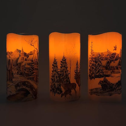 Christmas Flameless Candles Real Wax LED Candles Decor Battery Operated with Timer and Green Christmas Tree Decal,Set of 3,Warm Light