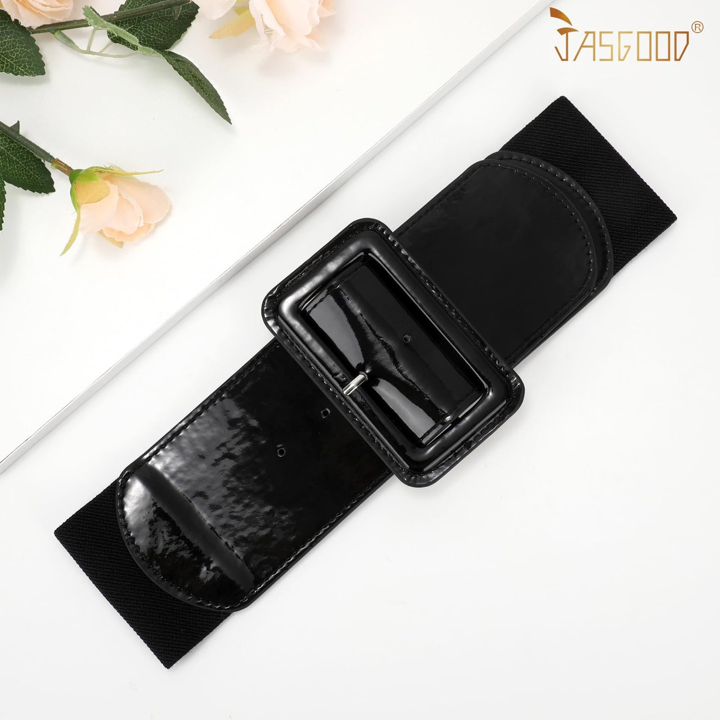 JASGOOD Women Wide Stretchy Belt Vintage Elastic Waist Belt for Dresses Fashion Ladies Waist Patent Leather Belt with Square Buckle