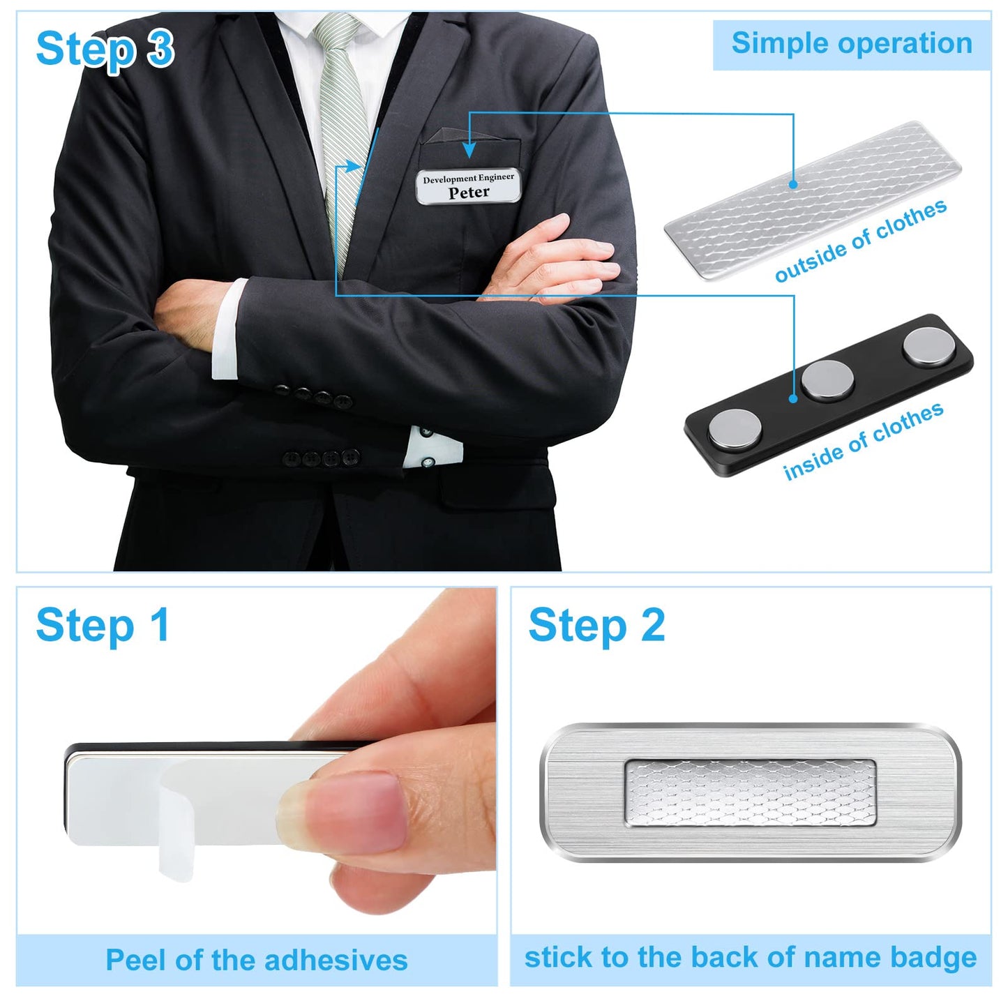 Mtlee 100 Packs Name Tag Magnets Magnetic Name Badge Holders ID Fastener Clip with 3 Neodymium and Adhesive Backing for Uniform Jackets(Black)