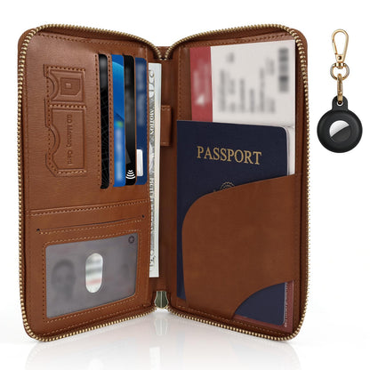 Playexen RFID Blocking Passport Wallet, Anti Theft PU Leather Passport Pouch with Tracker Case, Travel Document Organizer Zipper Wallet with Wrist Strap, Gifts for Women and Men (Brown)
