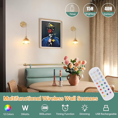 Battery Operated Wall Sconce with Amber Tulip Shade Pattern Glass Adjustable Chain Retro Gold Wall Mounted Light, Modern Wall Decor for Bedside Bedroom Indoor Doorway， Set of 2