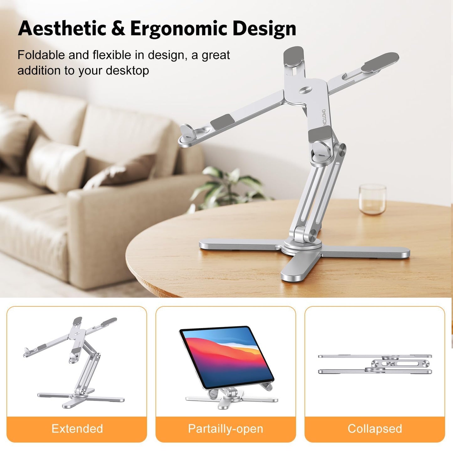 OMOTON LA10 360° Rotating Laptop Stand Riser for Desk, Ergonomic Foldable Computer Stand Adjustable Height Angles for Collaborative Work, Easy Storage Fit Macbooks,All Laptops up to 16 inches, Silver