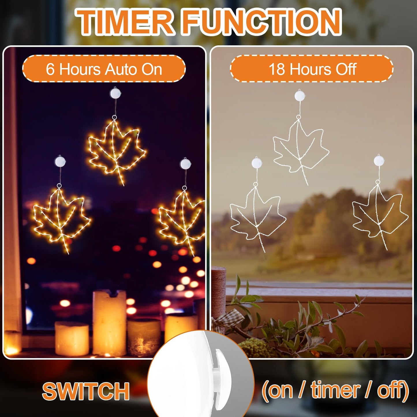 (New) Cerflyer Fall Decoration, Thanksgiving Window Lights with Suction Cup, Metal Frame Maple Leaf Silhouette Lights for Window Wall Home Fall Thanksgiving Décor, Battery Operated - 3 Pack
