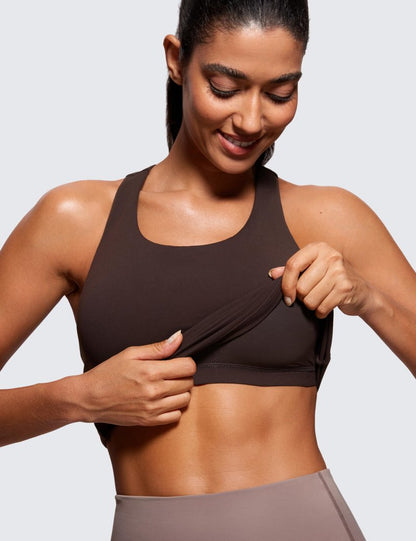 CRZ YOGA Butterluxe Workout Racerback Tank Tops for Women - Padded Athletic Spandex Yoga Shirts with Built in Bra Hot Fudge Brown XX-Small