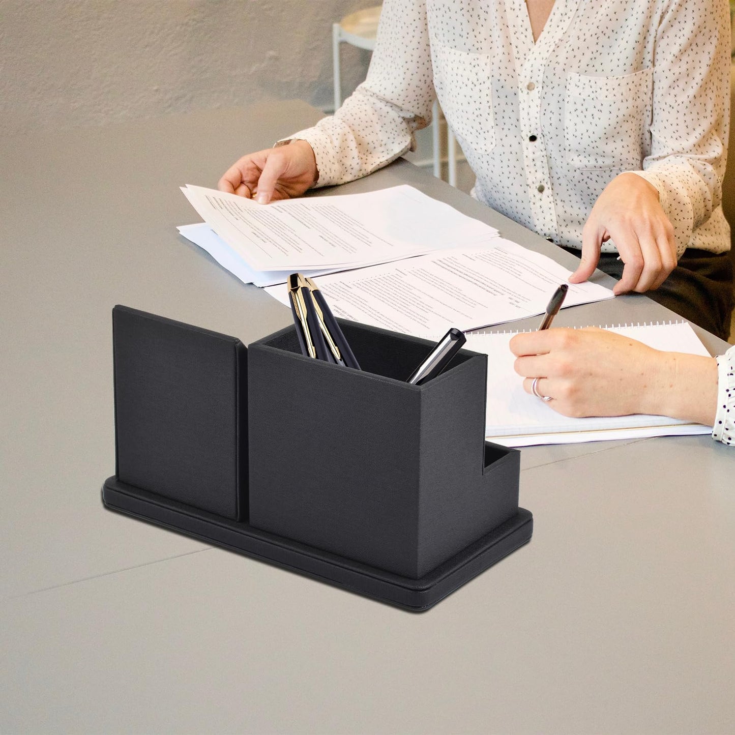 XNONE Pu Leather Desk Pen/Pencil Organizer Multi-Function Cell Phone/Remote Control Storage Box with 3 Compartments Office Supplies Sticky Note Tray Business Cards Holder,Black