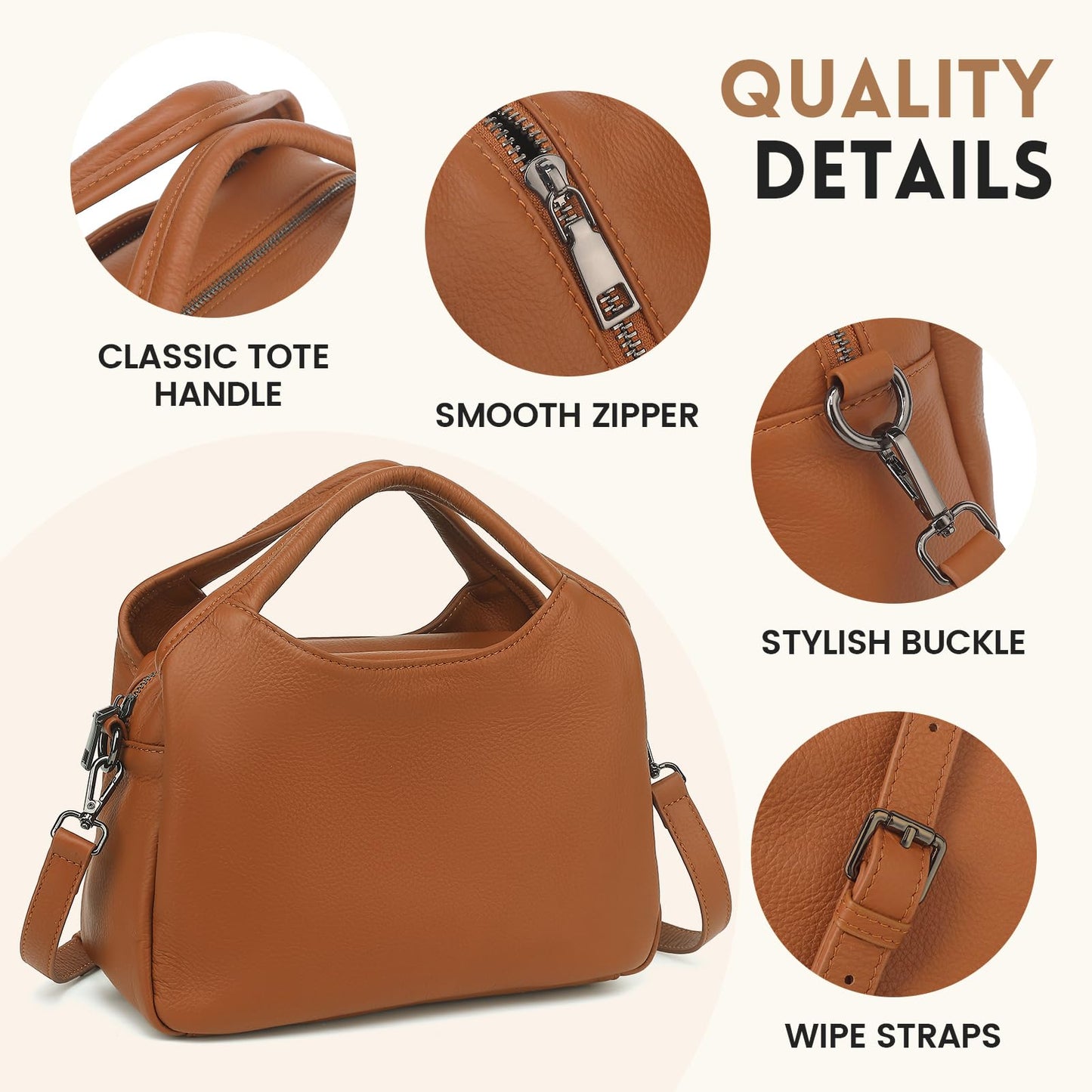 KOGTLA Genuine Leather Purses for Women with Detachable Satchel Strap, Ladies Handbags, Tote Hobo Bags Brown