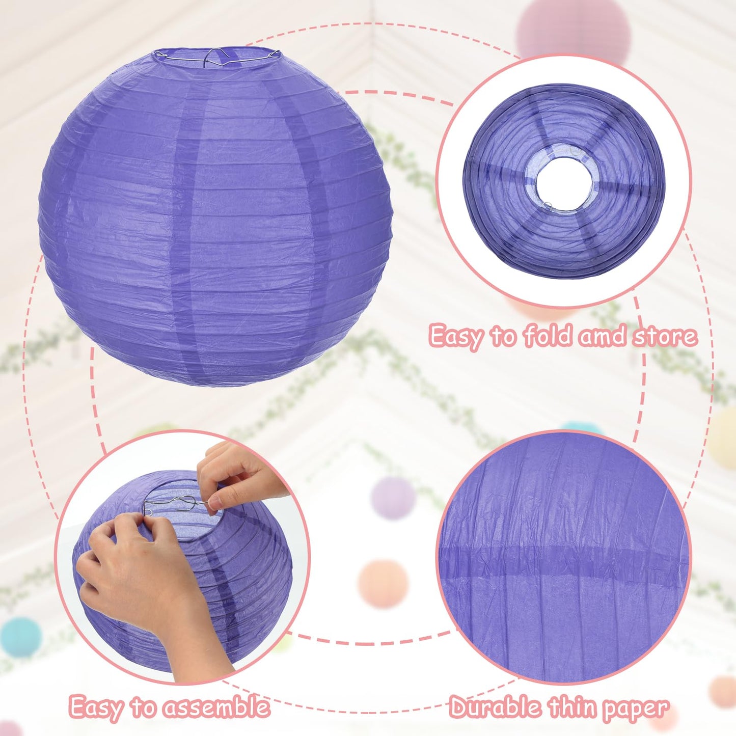 MECCANIXITY 3PCS Paper Lanterns Decorative, 12 Inch Deep Purple Round Hanging Ball Lantern Chinese Lanterns for Home Decor, Birthday, Wedding,Christmas Party
