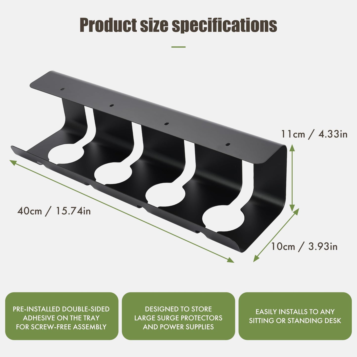 Desktop Metal Cable Management Tray 40x10x11cm - Multipurpose, Movable, No-Assembly Organizer - Modern Minimalist for Office Desks (Black)