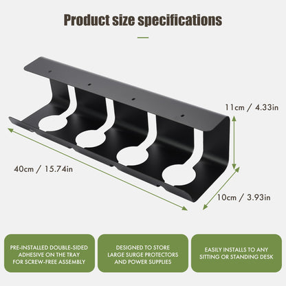 Desktop Metal Cable Management Tray 40x10x11cm - Multipurpose, Movable, No-Assembly Organizer - Modern Minimalist for Office Desks (Black)