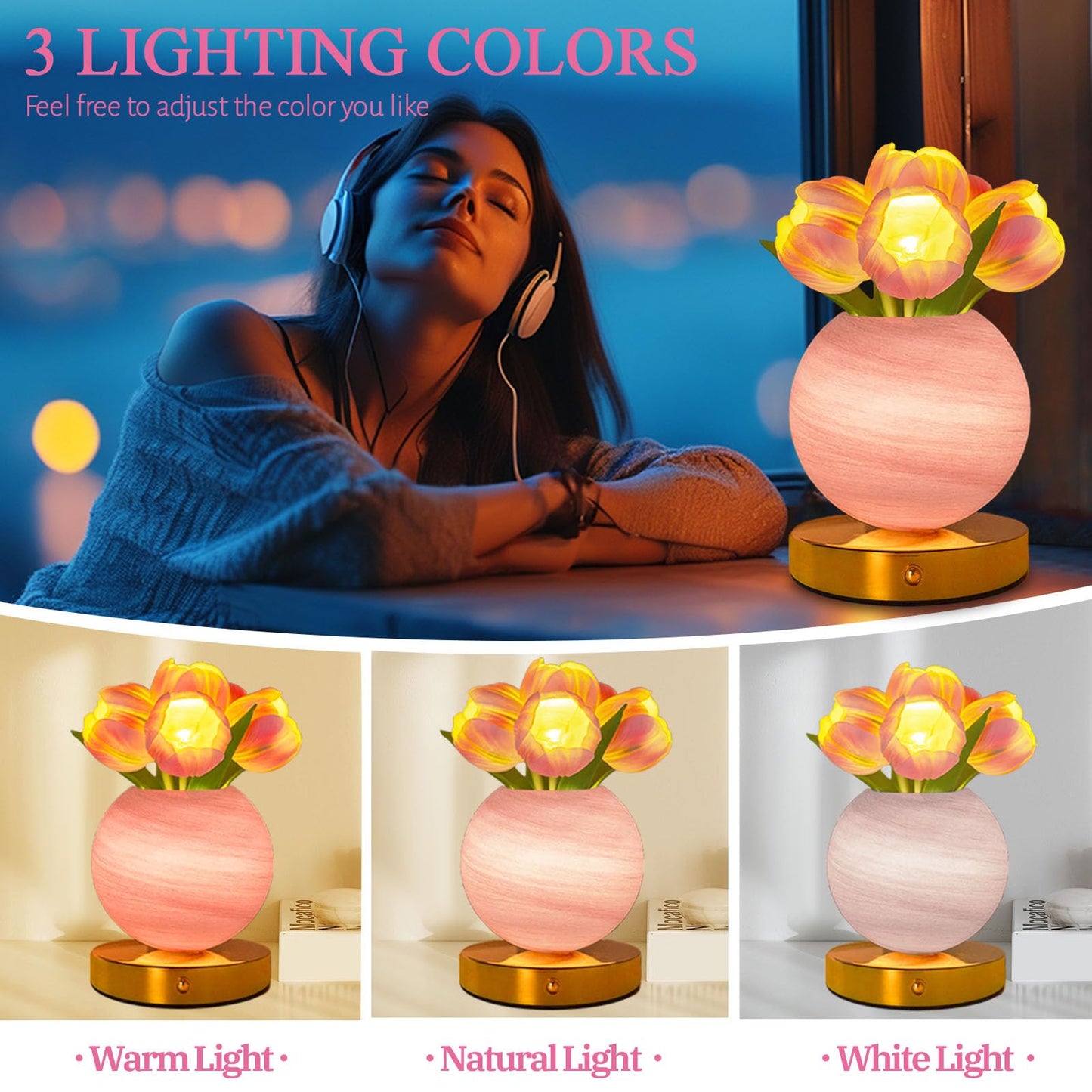 Strackvial Tulip Table Lamp, Rechargeable Cordless Touch Dimming Artificial Tulip Flower Desk Lamp, LED Flower Bedside Night Light Romantic Gifts for Girl Women Mom (Pink Tulip)