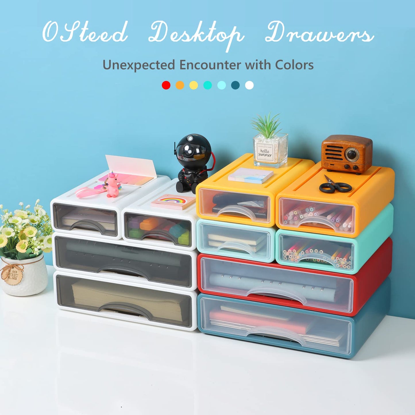 OSteed White Desktop Drawers for Paper, Stackable Office Storage Drawers for Desk, Craft Organizer and Storage Bins, 4 Mixed Storage Container with Plastic Drawers for Office Supplies Desk accessories