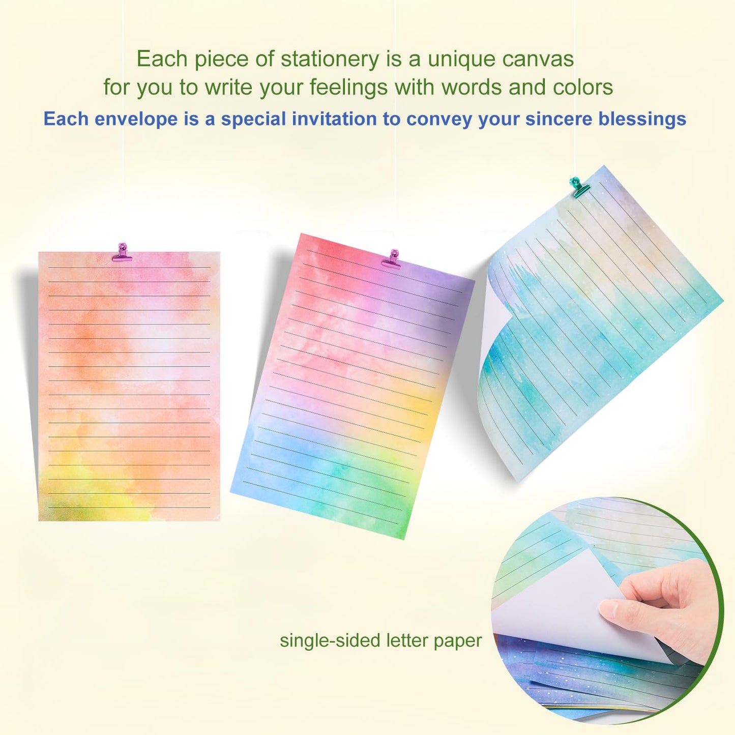 160 Packs Stationery Paper and Envelopes Set, 50 Lined Letter Writing Paper with 50 Matching Envelopes and 60 Round Sticker, 5.5" X 8.25" Cute Stationary Paper Kit with 10 Watercolor Design