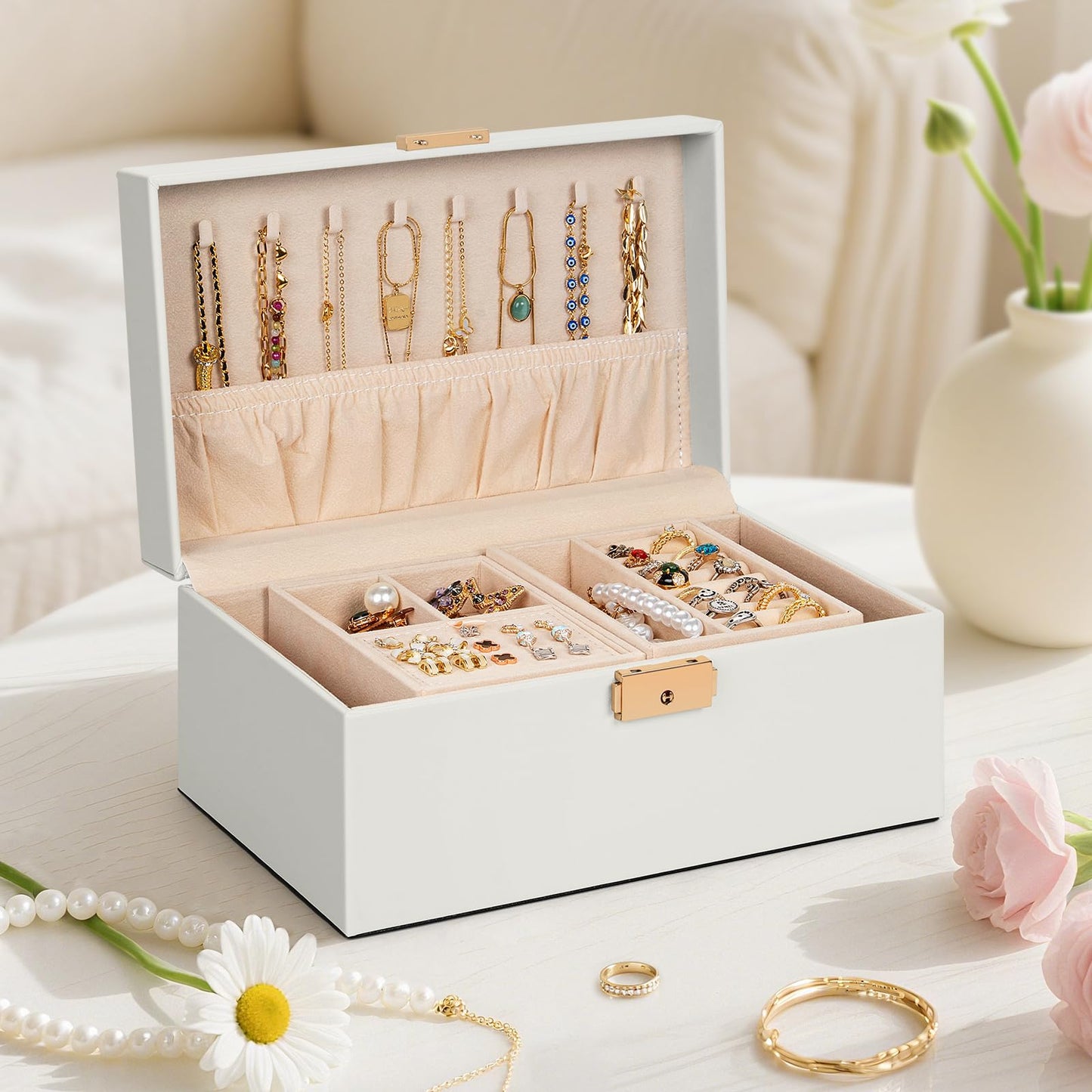 AKOZLIN Travel Jewelry Box Organizer Functional 2-trays Leather Jewelry Storage Case with Lockable Portable for Women Girls Ring Necklace Earring Bracelet