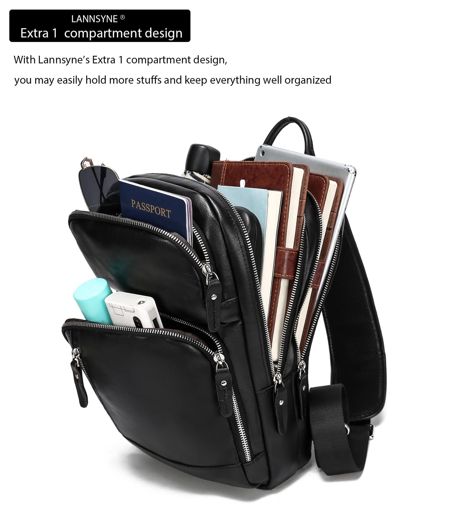 LANNSYNE Full Grain Leather Sling Bag For Men Crossbody Chest Daypack fits 12.9" iPad