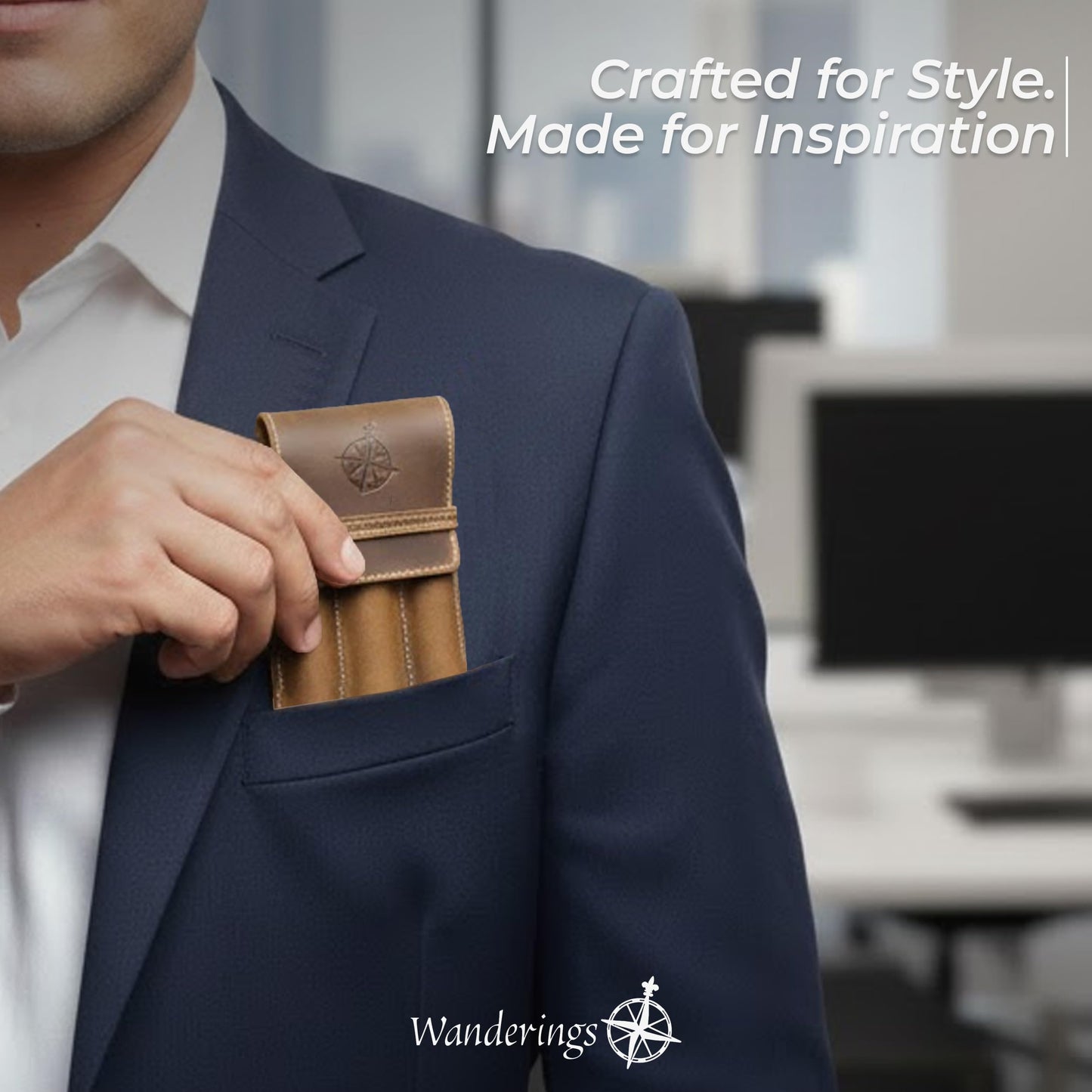 WANDERINGS Vintage Leather 3-Slot Pen Pouch – Handcrafted Brown Pen Case – Individual Leather Pen Sleeves for Fountain Pens, Rollers & Ballpoints – Pen Holder for Men and Women – 3.4" x 6" x 0.8"