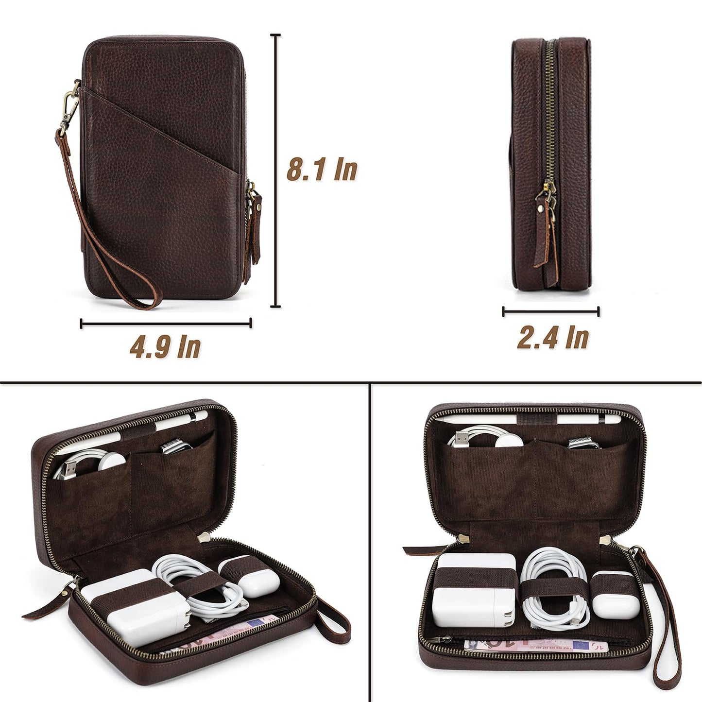 CataPurus Electronic Organizer Case Tech Kit, Top Grain Leather Handmade, Portable Compact Travel Electronic Accessories Storage Case Fits Phone, USB Cables, Chargers, Hard Drive, Cards, Apple pencil