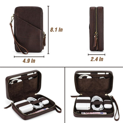 CataPurus Electronic Organizer Case Tech Kit, Top Grain Leather Handmade, Portable Compact Travel Electronic Accessories Storage Case Fits Phone, USB Cables, Chargers, Hard Drive, Cards, Apple pencil
