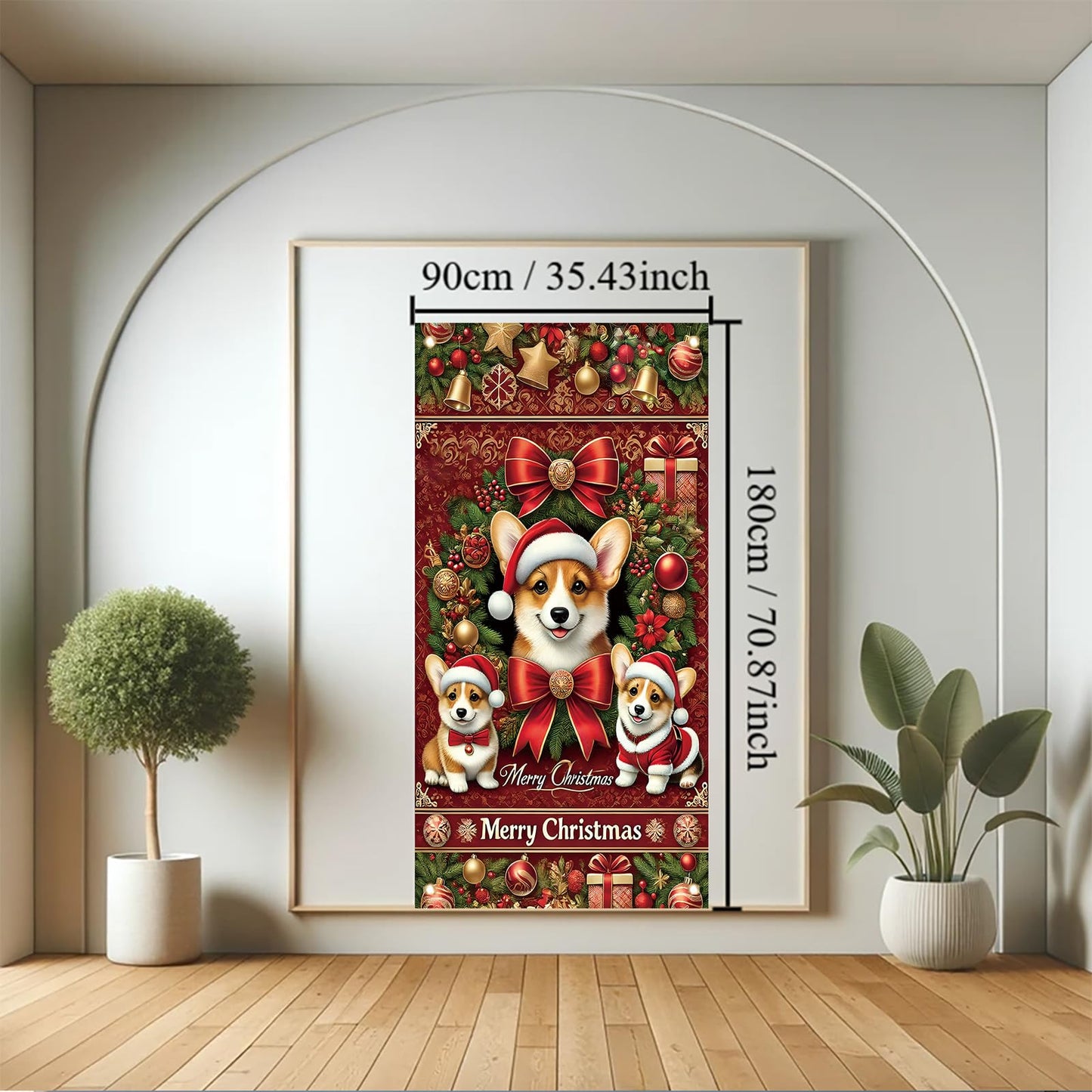 Saoplasa Christmas Corgi Door Cover Decoration 71 x 35 Inch Red Festive Banner with Cute Santa Dog Design and Holiday Wreath for Merry Christmas Wall Decor Party Welcome Backdrop Sign